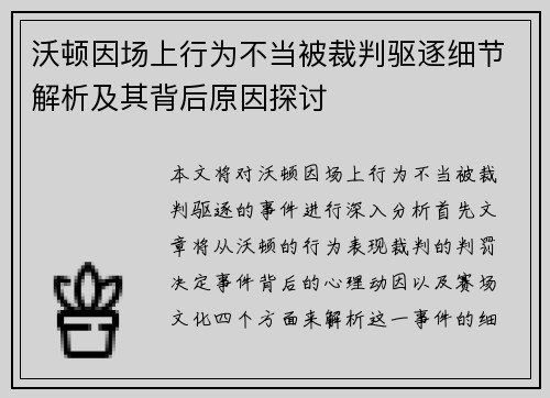 沃顿因场上行为不当被裁判驱逐细节解析及其背后原因探讨